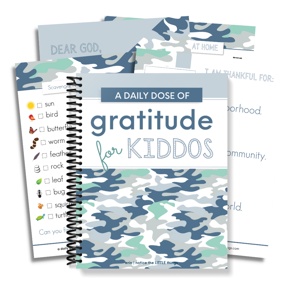 LITTLE Shop | A Daily Dose of Gratitude for Kiddos | Ages 4-7 Blue & Green Camo | Price $27