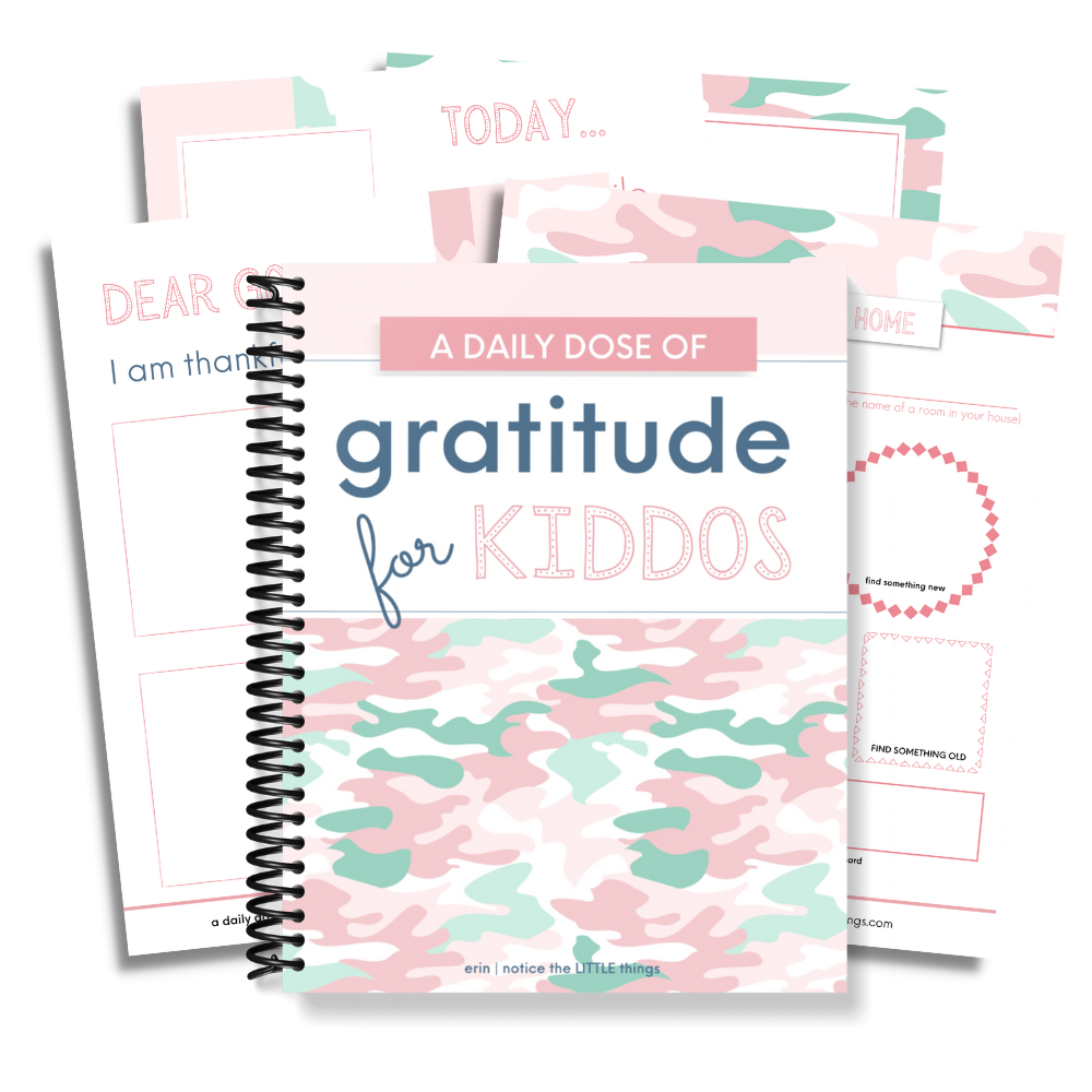 LITTLE Shop | A Daily Dose of Gratitude for Kiddos | Ages 4-7 Pink & Aqua Camo | Price $27